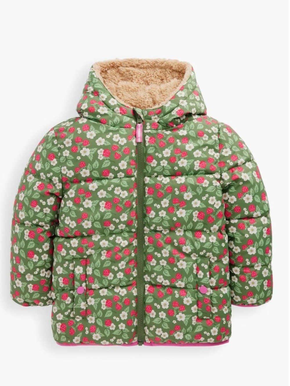 Mini Boden Kids reversible fleece Floral Puffer Jacket with Sherpa